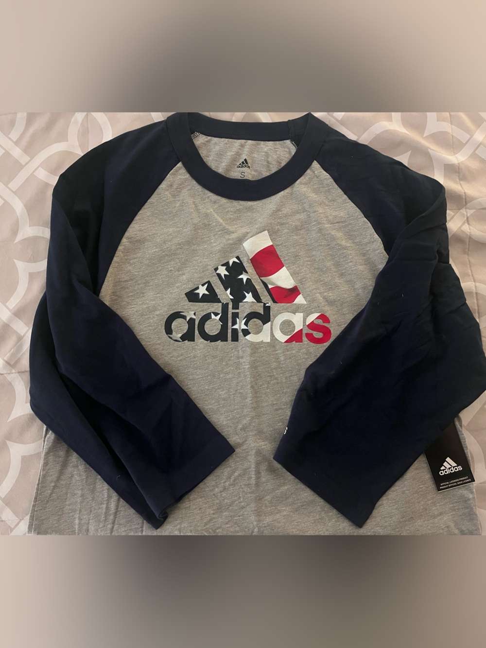 adidas Grey & Navy Raglan Long Sleeve Tee with Flag Logo